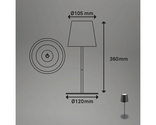 Skizze einer Tischleuchte mit den Maßen: Höhe 360 mm, Lampenschirmdurchmesser 105 mm, Fußdurchmesser 120 mm