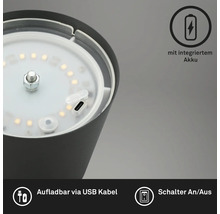 Detailansicht einer Lampe mit integriertem Akku, aufladbar über USB-Kabel und mit Schalter zum Ein- und Ausschalten