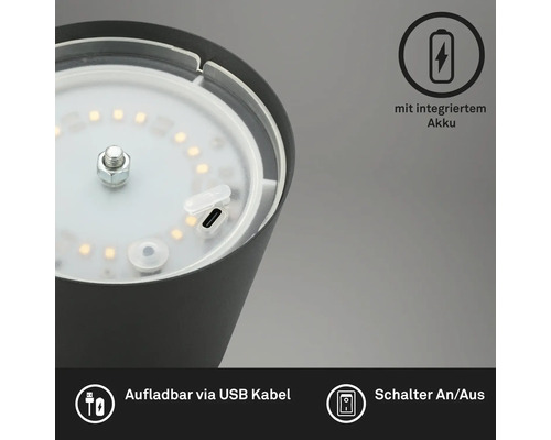 Detailansicht einer Lampe mit integriertem Akku, aufladbar über USB-Kabel und mit Schalter zum Ein- und Ausschalten