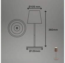 Technische Zeichnung einer Tischleuchte mit den Maßen: Höhe 360 mm, Durchmesser des Schirms 105 mm, Durchmesser des Sockels 120 mm.