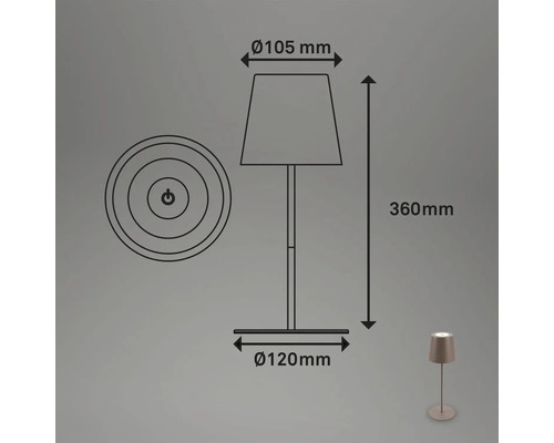 Technische Zeichnung einer Tischleuchte mit den Maßen: Höhe 360 mm, Durchmesser des Schirms 105 mm, Durchmesser des Sockels 120 mm.