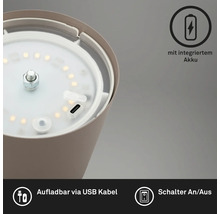 Detailansicht einer Lampe mit integriertem Akku, aufladbar per USB-Kabel und Schalter zum Ein- und Ausschalten