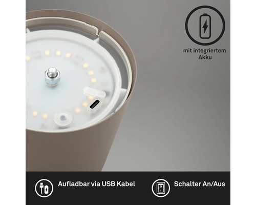 Detailansicht einer Lampe mit integriertem Akku, aufladbar per USB-Kabel und Schalter zum Ein- und Ausschalten