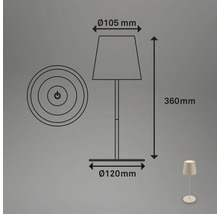 Technische Zeichnung einer Tischleuchte mit den Maßen 360 mm Höhe, 105 mm Schirmdurchmesser und 120 mm Fußdurchmesser.
