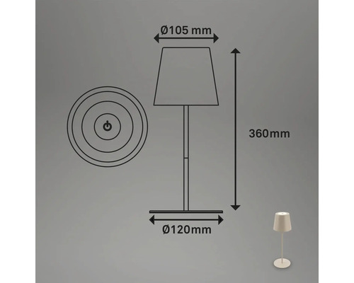 Technische Zeichnung einer Tischleuchte mit den Maßen 360 mm Höhe, 105 mm Schirmdurchmesser und 120 mm Fußdurchmesser.