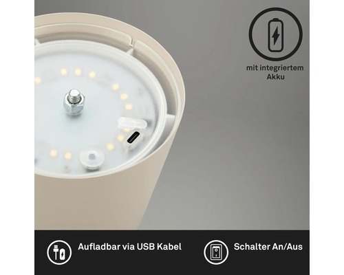 Akkuleuchte mit integriertem Akku, aufladbar über USB Kabel und Schalter