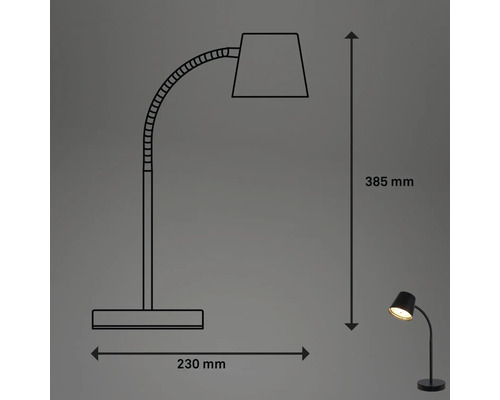 Abbildung der Abmessungen einer Schreibtischleuchte: Höhe 385 mm, Breite 230 mm.