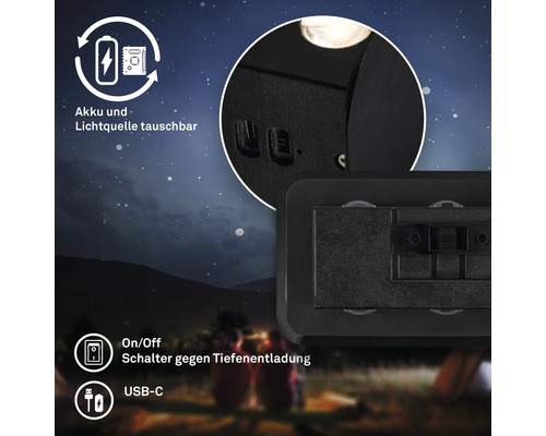 Austauschbare Batterie und Lichtquelle, Ein-Aus-Schalter gegen Tiefentladung, USB-C-Anschluss