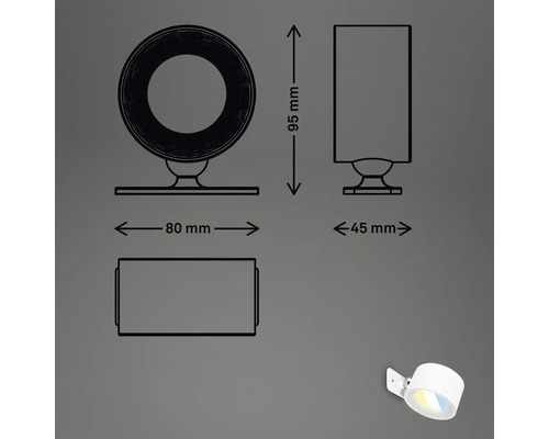 Technische Zeichnung einer Wandleuchte mit den Maßen 95 mm Höhe, 80 mm Breite und 45 mm Tiefe.