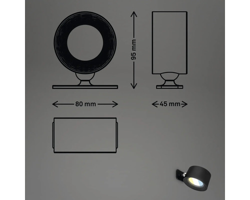 Maßangaben zu einer Wandleuchte: 95 Millimeter Höhe, 80 Millimeter Breite, 45 Millimeter Tiefe.