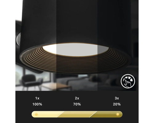 Deckenleuchte mit einstellbarer Helligkeit von 100 Prozent, 70 Prozent und 20 Prozent.