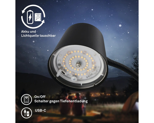 Aufsicht auf eine schwarze Lampe mit LED Lichtquelle im Aussenbereich