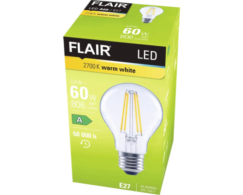 FLAIR LED Lampe A60 E27, warmweiß, auf Verpackung