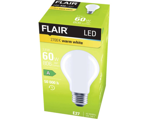Verpackung einer Flair LED Lampe A60 E27 2700 Kelvin warmweiß