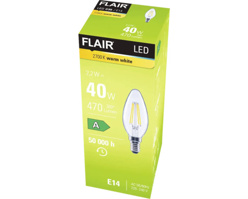 Verpackung einer Flair LED Lampe C35/E14 mit 2700 Kelvin warmweiß