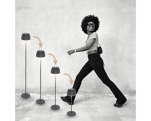 Illustration einer Frau, die an vier grauen Stehlampen vorbeigeht, wobei jede Lampe unterschiedliche Lichtstufen aufweist