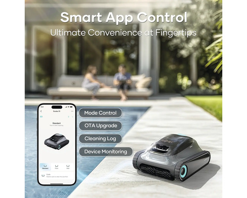 Aiper Scuba S1 Poolreinigungsroboter mit App-Steuerung neben einem Smartphone auf dem Beckenrand