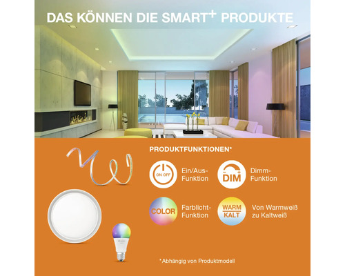 Smart Plus Produkte mit Ein/Aus Funktion, Dimmfunktion und Farblichtfunktion in einem Wohnzimmer.