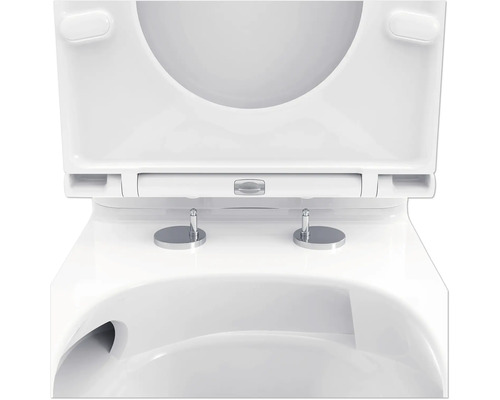 Aufnahme eines Toilettensitzes mit offenem Deckel.