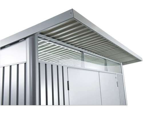 Detailansicht eines Gerätehauses mit Metalldach und Tür