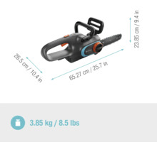 Gardena Akku-Kettensäge mit Abmessungen und Gewichtsinformationen