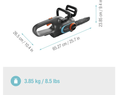 Gardena Akku-Kettensäge mit Abmessungen und Gewichtsinformationen