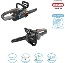 Zwei Ansichten einer Akku-Kettensäge von Gardena mit Oregon Kette und Schiene sowie Symbole für bürstenlosen Motor, ausbalanciertes Design, 8 Meter pro Sekunde Kettengeschwindigkeit und automatische Schmierung.