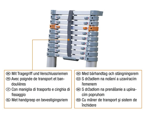 Teleskopleiter mit Tragegriff und Verschlussriemen
