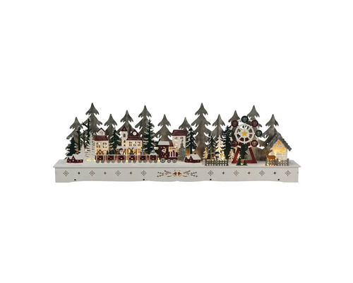 Dekorative Lichterkette mit Winterdorf, Zug und Tannenbäumen