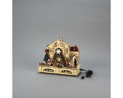 Weihnachtsdekoration mit beleuchtetem Riesenrad aus Holz
