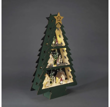 Dekorativer Weihnachtsbaum aus Holz mit beleuchteten Häusern und Sternen