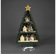 Dekorativer, beleuchteter Weihnachtsbaum aus Holz mit Häusern, Figuren und einem USB-Kabel.