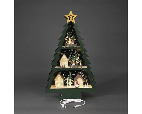 Dekorativer, beleuchteter Weihnachtsbaum aus Holz mit Häusern, Figuren und einem USB-Kabel.