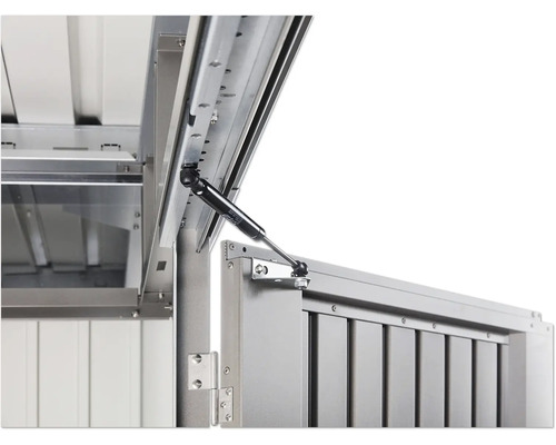 Detailaufnahme einer Gerätebox mit Gasdruckfeder zur Deckelunterstützung.