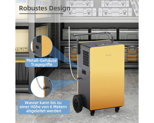 Mobiler Bautrockner mit Metallgehäuse, Tragegriffen und Wasserablauf