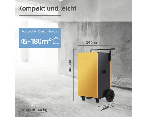 Mobiler Luftentfeuchter mit den Maßen 800 mm Höhe, 540 mm Breite und 350 mm Tiefe, geeignet für Räume bis maximal 180 Quadratmeter