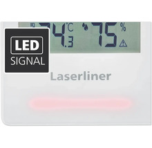 Laserliner Logo. Anzeige von Temperatur und Luftfeuchtigkeit mit LED Signal.