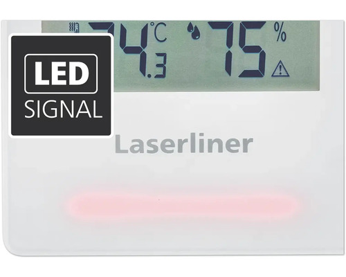 Laserliner Logo. Anzeige von Temperatur und Luftfeuchtigkeit mit LED Signal.