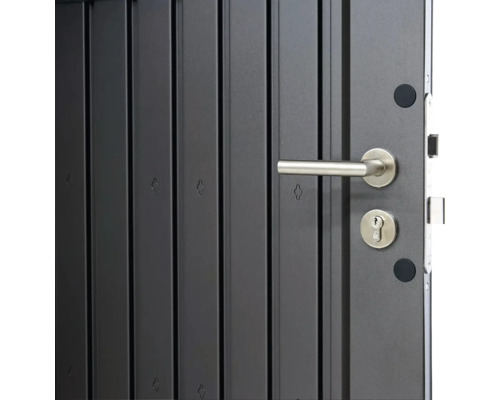 Detailansicht einer grauen Sicherheitstür mit Türgriff und Schloss