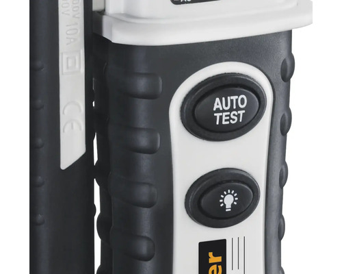 Detailaufnahme eines Spannungsprüfers mit ''Auto Test'' Taste und Lampen-Symbol