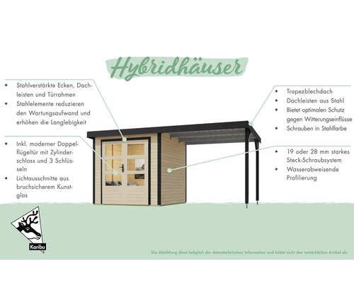 Illustration eines Gartenhauses mit Stahldach und doppelter Flügeltür