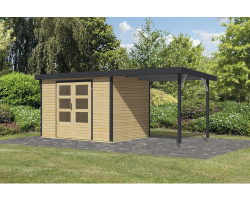 Holzgartenhaus mit Doppeltür und Überdachung im Garten.