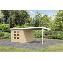 Holzgartenhaus mit überdachter Terrasse im Garten