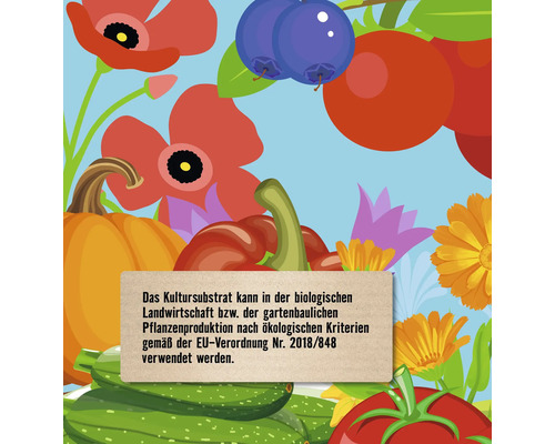 Illustration mit Blumen, Gemüse und Hinweis auf die EU-Verordnung Nummer 2018/848 für Kultursubstrate im ökologischen Landbau