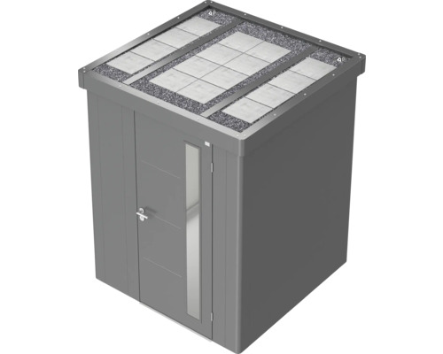 Gartenschrank mit Tür und Dach mit Steinen und Platten