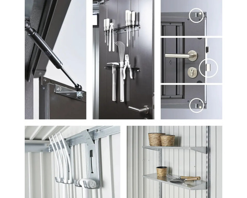 Details zur Gerätehaus-Innenausstattung: Türschließer, Werkzeughalter, Türschloss, Gerätehalter, Regal