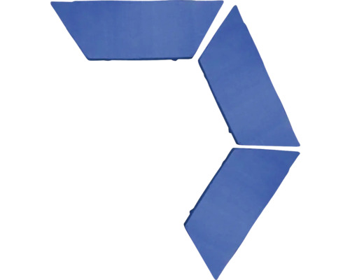 Drei blaue, trapezförmige Pflastersteine in Pfeilform.