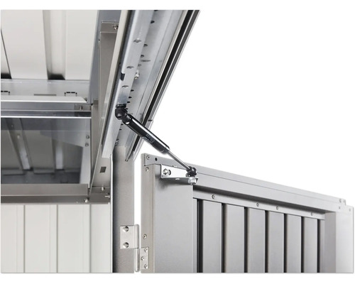 Detailansicht einer geöffneten Metallgartenbox mit Gasdruckfeder