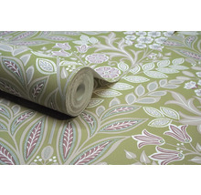 Tapetenrolle mit floralem Muster auf grünem Grund
