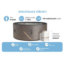 Aufblasbarer Whirlpool für bis zu acht Personen mit 1120 Litern Fassungsvermögen, 144 Luftdüsen, Anti-Icing-System, Rhino-Tech-Technologie, antibakterieller Oberfläche, UV-Desinfektion und WLAN-App.